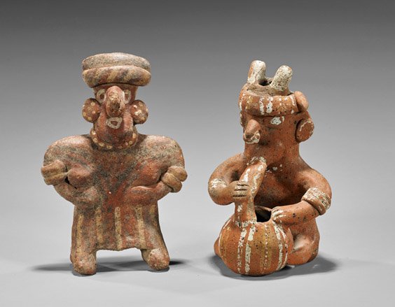 Two Pre-Columbian Nayarit Figures: Two Pre-Columbian Nayarit FiguresTwo West Mexican Pre-Columbian (Nayarit) Ixtlan del Rio-style painted and moulded redware ceramic figures: standing female with flattened body, protruding nose with no