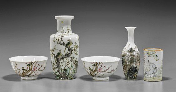 Five Chinese Enameled Porcelains: Five Chinese Enameled PorcelainsFive Chinese enameled porcelains: antique brushpot of a seated scholar under a tree; vase with birds in flowering trees; eggshell vase of mountainscape with figures; to