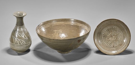 Three Antique Korean Glazed Porcelains: Three Antique Korean Glazed Porcelains Group of three antique Korean grey glazed and inlaid porcelains: yuhuchun vase, shallow dish and wide brimmed footed bowl (minor chips and wear), possibly 14th C