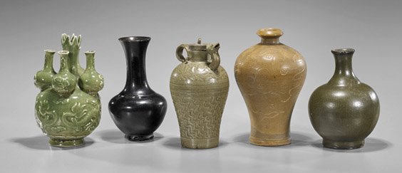 Five Antique Chinese/Korean Glazed Vases: Five Antique Chinese/Korean Glazed Vases Group of five various antique Chinese and Korean glazed porcelain vases, including: black Ming bottle form, 6-character mark; unusual green bottle form; pale g