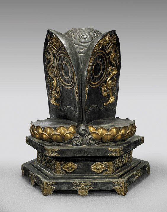 Large Buddhist Multi-Deity Bronze Shrine: Large Buddhist Multi-Deity Bronze Shrine Extremely large, Chinese bronze multi-deity Buddhist shrine; comprised of trifoliate, lotus-based "thrones", altogether atop a hexagonal pedestal base raised o