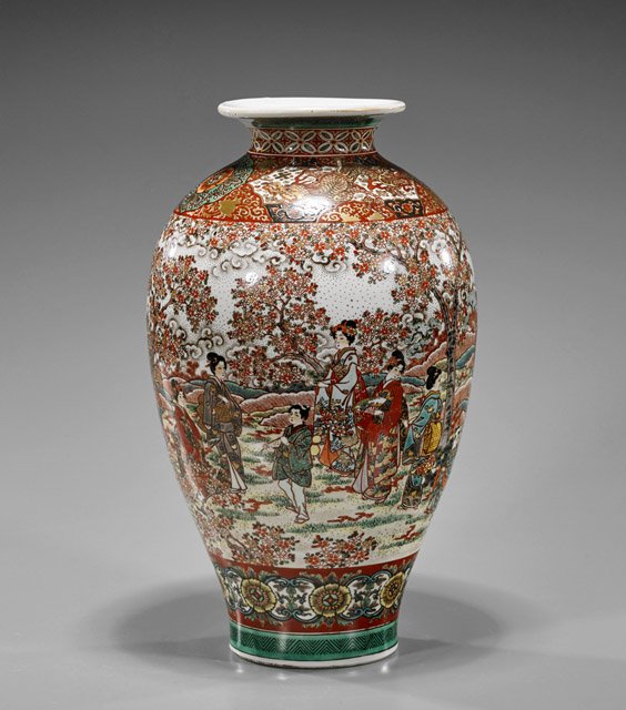 Antique Japanese Kutani Porcelain Vase: Antique Japanese Kutani Porcelain Vase Antique Japanese Kutani porcelain vase; of high shoulder form with flared mouth, depicting numerous geisha with young boy attendants in an overflowing garden; de