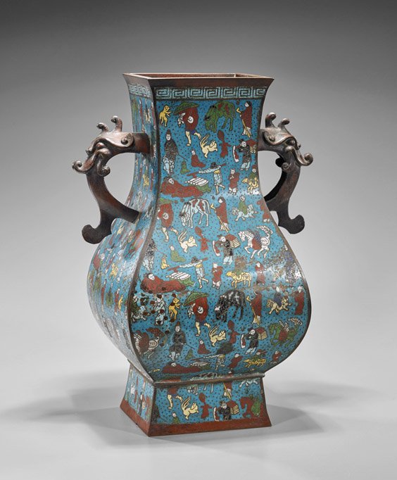 Chinese Cloisonné Enamel Vase: Chinese Cloisonné Enamel Vase Chinese cloisonné enamel and bronze vase; of hu form on square base with dragon head handles, depicting figures and animals on turquoise ground (damage and losses; as-i