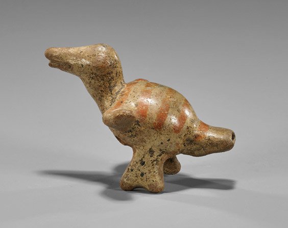Pre-Columbian Zaceteca Pottery Bird Whistle: Pre-Columbian Zaceteca Pottery Bird Whistle Mexican Pre-Columbian (Zaceteca) painted pottery whistle; in the form of a flying bird with painted red-orange stripes along the back, two holes under the b