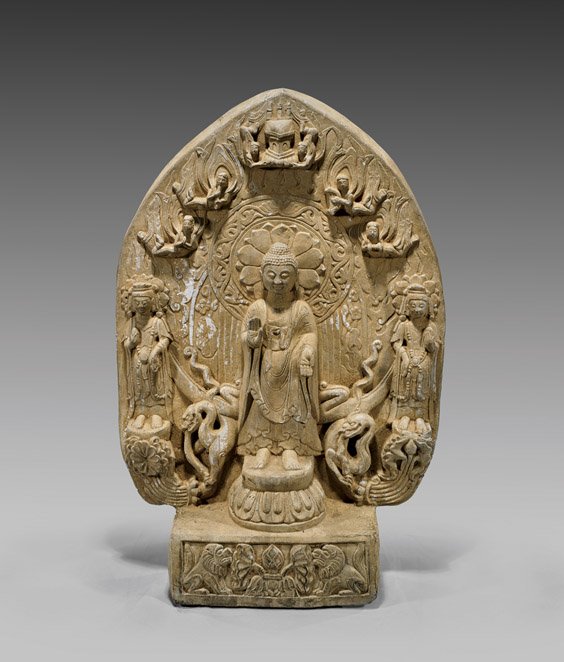 Large Carved White Marble Stele: Large Carved White Marble Stele Large Chinese Wei-style, carved white marble Buddhist stele; centering Buddha standing on a double lotus base, flanked by flying apsaras and numerous other figures to t