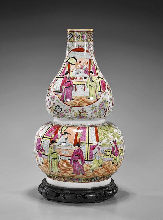 Old Tall Chinese Double Gourd Vase: Old Tall Chinese Double Gourd Vase Old Chinese Famille Rose enameled porcelain vase; of tall double gourd form, depicting boys serving officials and scholars in reserve of floating gilt Buddhist emble
