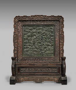 LARGE SPINACH JADE TABLESCREEN: LARGE SPINACH JADE TABLESCREEN Large Chinese spinach jade rosewood tablescreen; centering the square jade panel finely carved with a writhing five-clawed dragon amid a dense ground of swirling