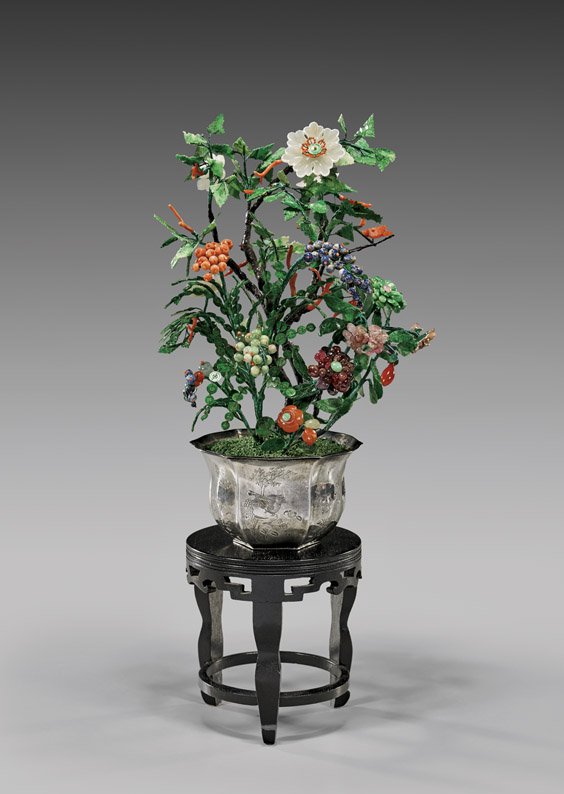 FINE CARVED MULTI-STONE "JADE TREE": FINE CARVED MULTI-STONE "JADE TREE" Fine Chinese multi-stone "jade tree", comprised of jadeite leaves, with clusters of lapis lazuli and coral fruit, with carnelian, tourmaline, rose quartz and sapphi
