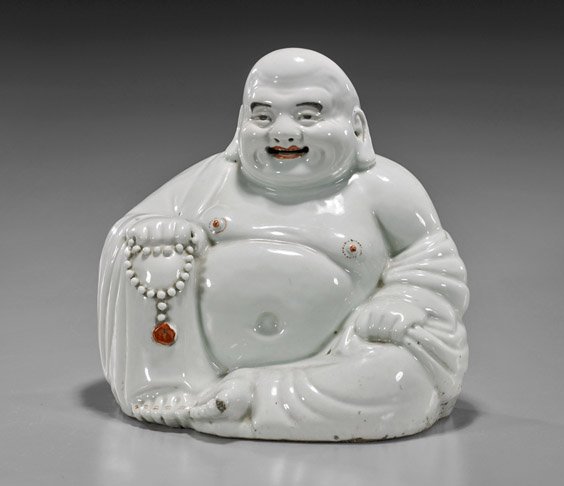 Old Chinese Glazed Porcelain Budai: Old Chinese Glazed Porcelain BudaiOld Chinese glazed porcelain Budai; seated in a position of ease, robes draping off his shoulder, prayer beads in his right hand, with mark (wear and glaze flaws); L: