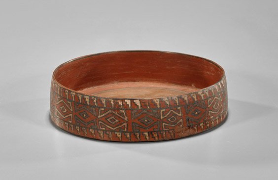 Pre-Columbian Incan Painted Redware Bowl: Pre-Columbian Incan Painted Redware BowlPeruvian Pre-Columbian (Incan) painted redware pottery bowl; of circular form with rimless sides, decorated geometric band framed by opposing step motif registe