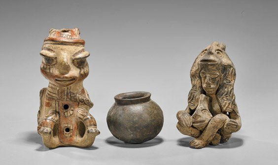 Three Pre-Columbian Pottery Figures & Jar: Three Pre-Columbian Pottery Figures & JarGroup of three Pre-Columbian potteries: moulded seated figure with mask in its lap; painted seated figural vessel; together with brown globular jar (considerab
