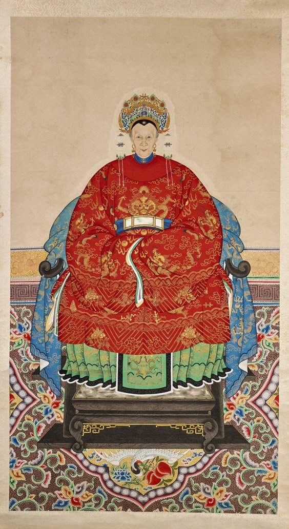 Old Chinese Ancestral Portrait: Old Chinese Ancestral Portrait Old Chinese ink and color on paper scroll; of a seated older female in an ancestral portrait with large red robes and headdress (toning and wear); 48" x 26"