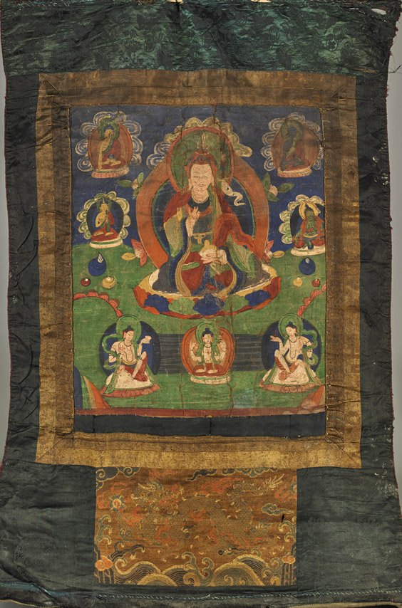 Old Sino-Tibetan Painted Thangka: Lama: Old Sino-Tibetan Painted Thangka: Lama Old Sino-Tibetan painted linen thangka; of a seated lama wearing a red hat upon a cloud-like base with multiple aureoles behind, several smaller Buddhas and deit