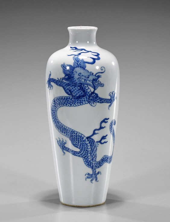 Kangxi-Style Blue & White Dragon Vase: Kangxi-Style Blue & White Dragon Vase Chinese Kangxi-style blue and white porcelain vase; of high shoulder tapering towards the base, a sinuous dragon to the front; 6-character mark; H: 9 3/4"