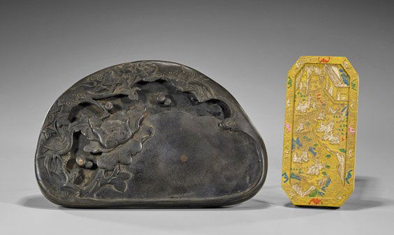 Large Carved Inkstone & Gilt Inkstick (1 of 2)