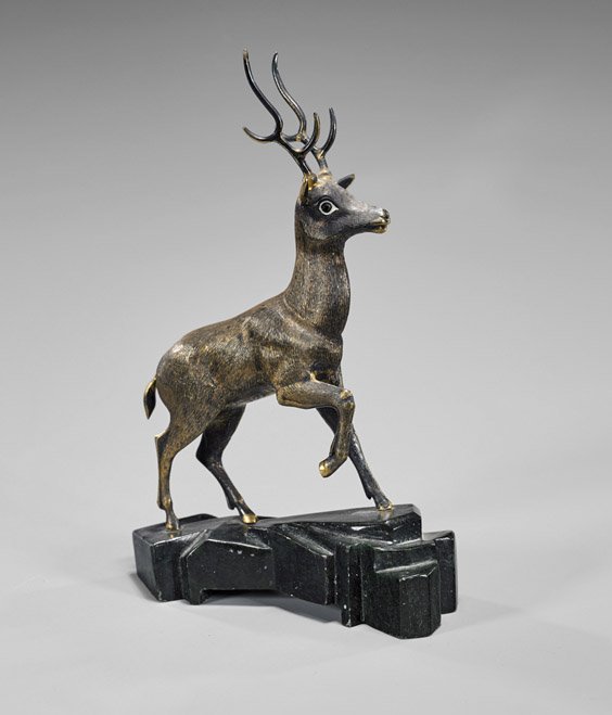 Chinese Sterling Silver Deer: Chinese Sterling Silver Deer Chinese sterling silver deer; the 6-point deer in a prancing position upon a hardstone base (usual wear); L: 5 3/4"