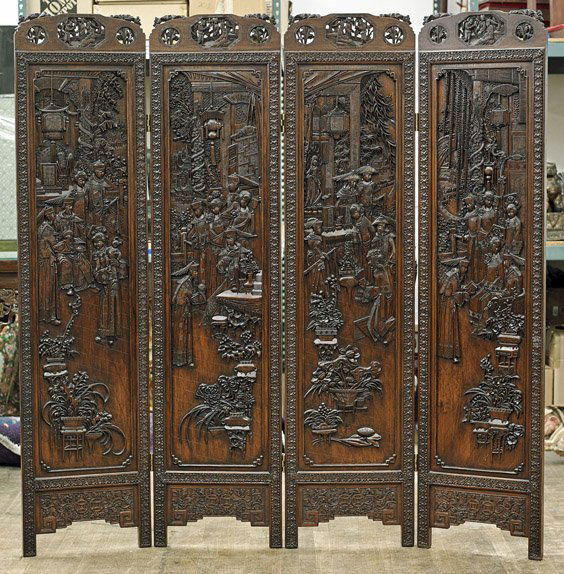 Chinese 4-Panel Carved Hardwood Screen (1 of 1)