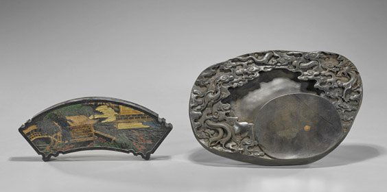 Large Chinese Inkstone & Gilt Inkstick (1 of 2)