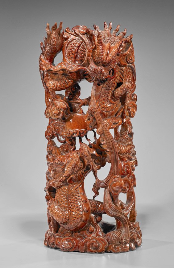 Tall Carved Wood Dragon Group: Tall Carved Wood Dragon Group Tall Vietnamese carved wood group; of two well detailed writhing dragons each clutching balls, reaching for the large flaming pearl in between, one breathing fire and the
