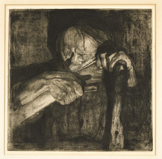 Etching on Paper: "Penning/Beim Denglen": Etching on Paper: "Penning/Beim Denglen" Etching on paper attributed to Kathe Kollwitz (German, 1867-1945): title "Penning/Beim Dengelen", impression date 1921 lower right corner; 11 1/2" x 11 1/2"; f