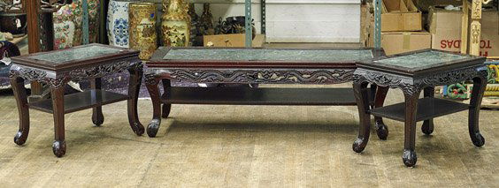 Chinese 3-Piece Wood & Stone Table Set (1 of 1)