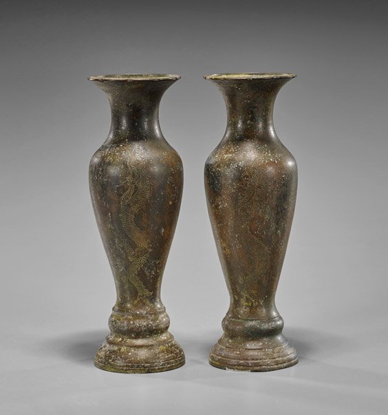 Pair Chinese Bronze Dragon Vases (1 of 1)
