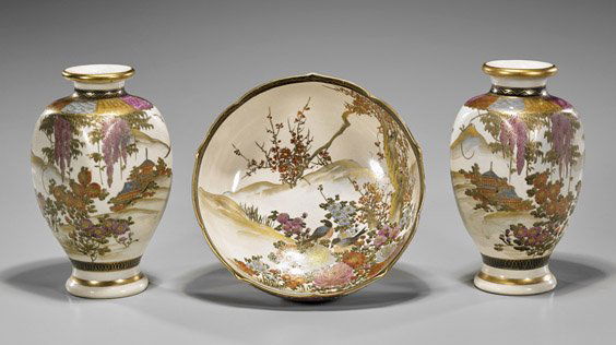 Antique Japanese Satsuma Vases & Bowl (1 of 3)