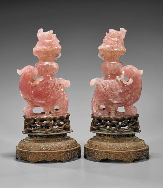 Pair Carved Rose Quartz Phoenix Urns (1 of 1)