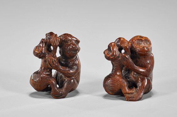 Two Carved Wood Netsuke: Macaque (1 of 1)