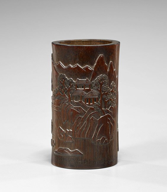 Chinese Carved Bamboo Brushpot: Village (1 of 2)