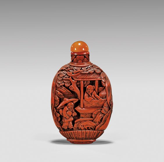 CARVED CINNABAR LACQUER SNUFF BOTTLE (1 of 2)