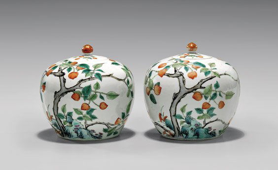 PAIR ENAMELED PORCELAIN COVERED JARS (1 of 2)