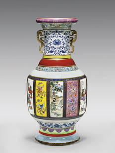 MASSIVE ENAMELED PORCELAIN VASE: MASSIVE ENAMELED PORCELAIN VASELarge Chinese multi-enameled porcelain vase, rendered after a Qianlong model; each section showcasing a different enamel style and technique, including: blue and white,