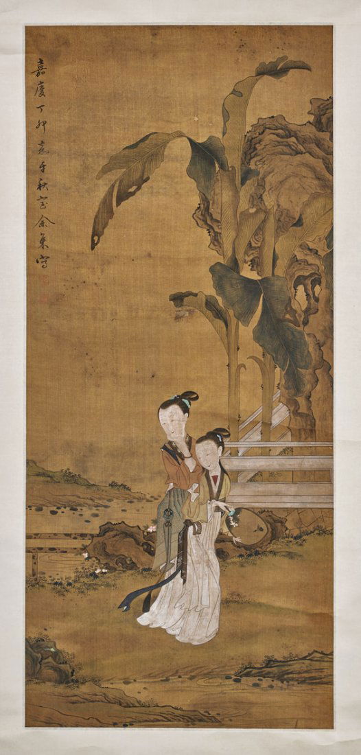 CHINESE SILK SCROLL: Ladies in Garden (1 of 2)