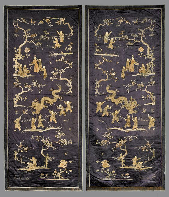 PAIR ANTIQUE CHINESE SILK EMBROIDERIES (1 of 1)