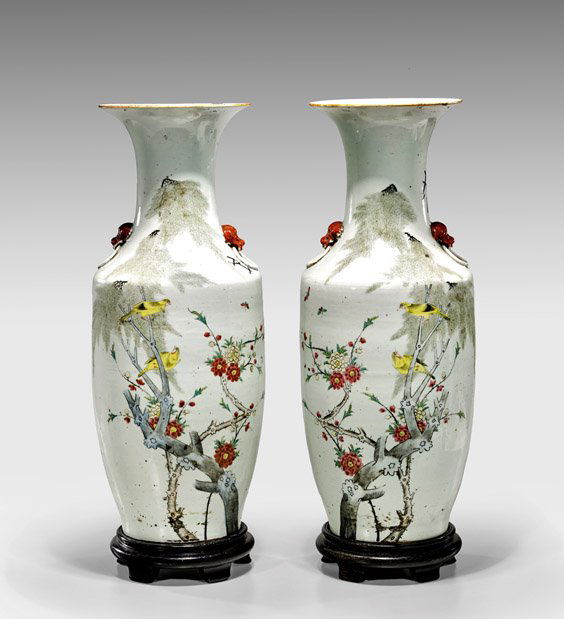 PAIR ANTIQUE ENAMELED PORCELAIN VASES (1 of 2)
