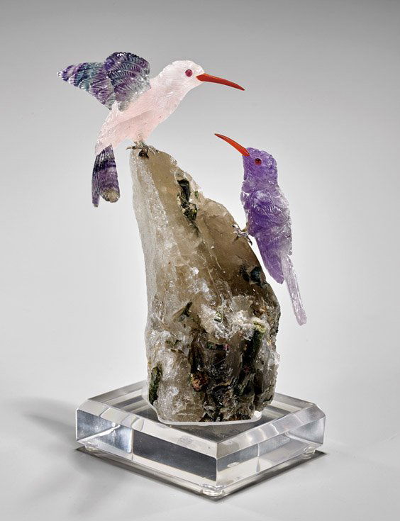 ROSE QUARTZ AND AMETHYST HUMMINGBIRD CARVING ON QUARTZ (1 of 1)
