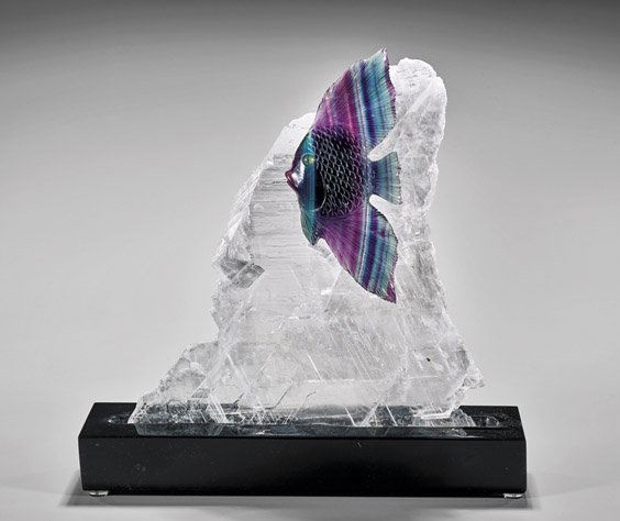 FLUORITE FISH CARVING ON SELENITE (1 of 1)