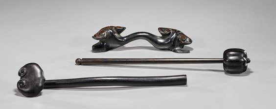 Three Chinese Carved Wood Scepters: Three Chinese Carved Wood SceptersThree Chinese carved wood scepters: double lingzhi; simple ruyi; together with ceremonial mace form; L: 14 1/4" (longest)