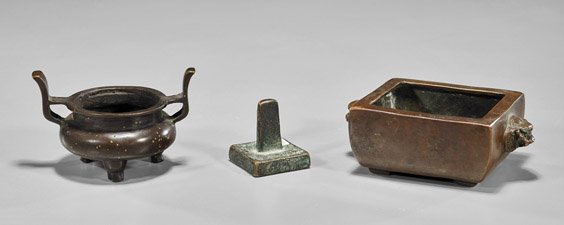 Three Chinese Bronzes: Censers & Seal (1 of 2)