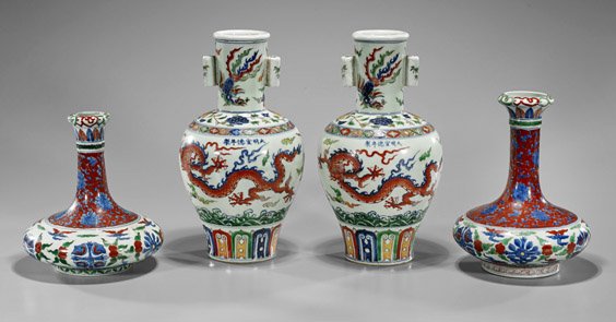 Two Pairs Ming-Style Wucai Porcelain Vases (1 of 2)
