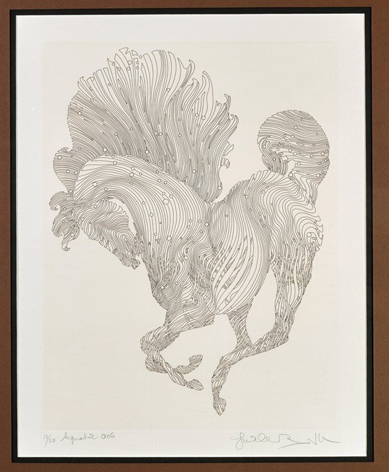 Aquatic Etching by Guillaume Azoulay: Aquatic Etching by Guillaume Azoulay Limited edition etching on paper by Guillaume Azoulay (Moroccan, b.1949); titled "Aquatic" of a horse with its mane fanned out; signed, titled, dated and numbered 