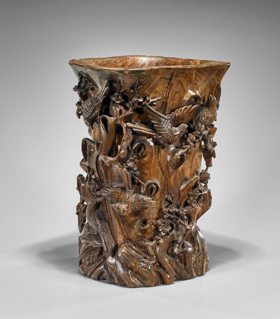 Tall & Heavy Carved Hardwood Brushpot (1 of 2)