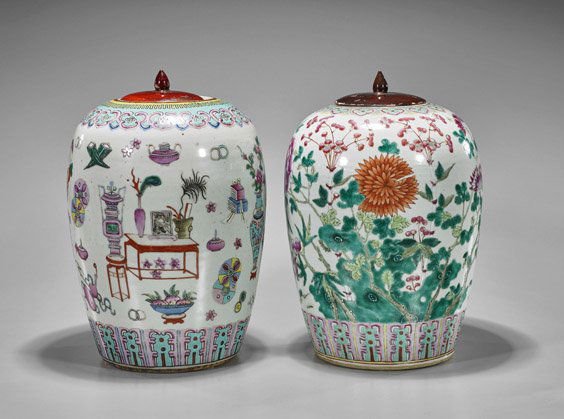 Two Antique Famille Rose Ovoid Vases (1 of 1)