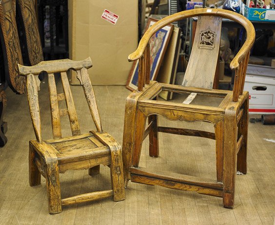 Two Old Chinese Carved Wood Chairs: Two Old Chinese Carved Wood Chairs Two old Chinese carved wood chairs: horseshoe style with deer panel back (missing seat); together with child's angled square back rocking chair, provincial design (w