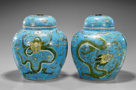 Pair Chinese Famille Verte Covered Jars (1 of 2)