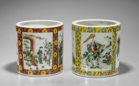 Pair Large Chinese Enameled Brushpots (1 of 2)