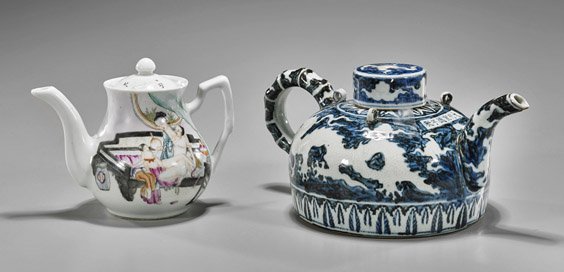 Two Chinese Porcelain Teapots: Two Chinese Porcelain Teapots Two Chinese porcelain teapots: of pear form with tall spout, an enameled erotic scene to front; together with large "reverse" blue and white dome form with moulded bamboo