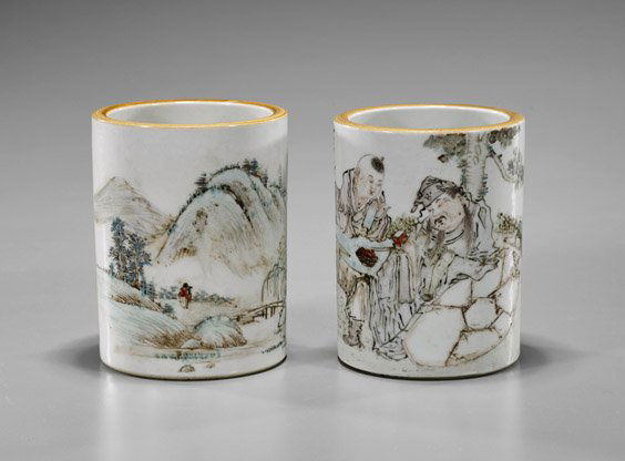Pair Small Chinese Enameled Brushpots (1 of 3)