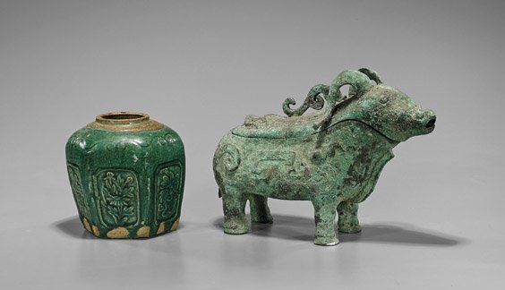 Chinese Ceramic Jar & Archaistic Bronze Zun: Chinese Ceramic Jar & Archaistic Bronze Zun Chinese green glazed ceramic jar of high shoulder form with floral panels; together with archaistic bronze ritual wine vessel (zun) in the form of an ox (co